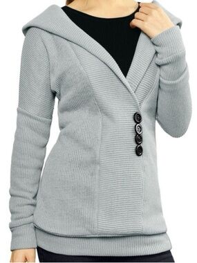 Allegra K Light Gray Hooded Ribbed Sweater with Side Button Details